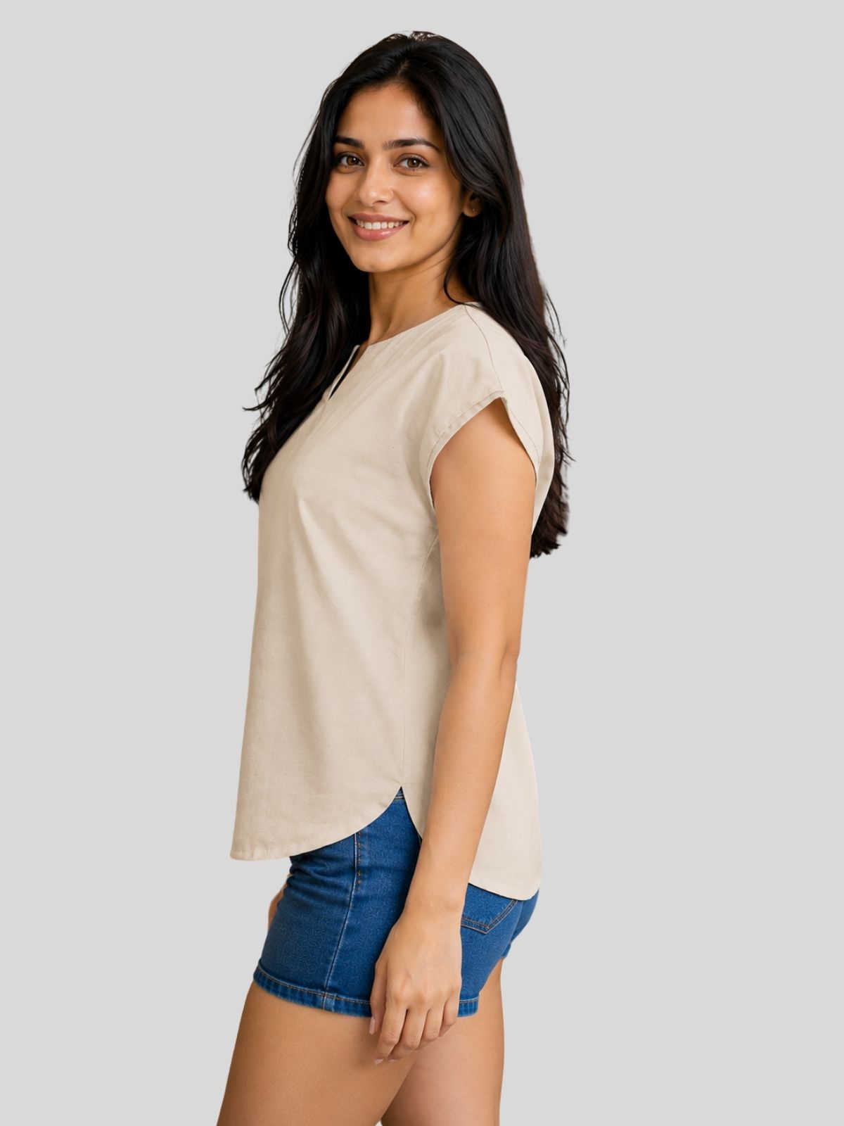 Beige & Peach Cotton Blends Tops Combo
