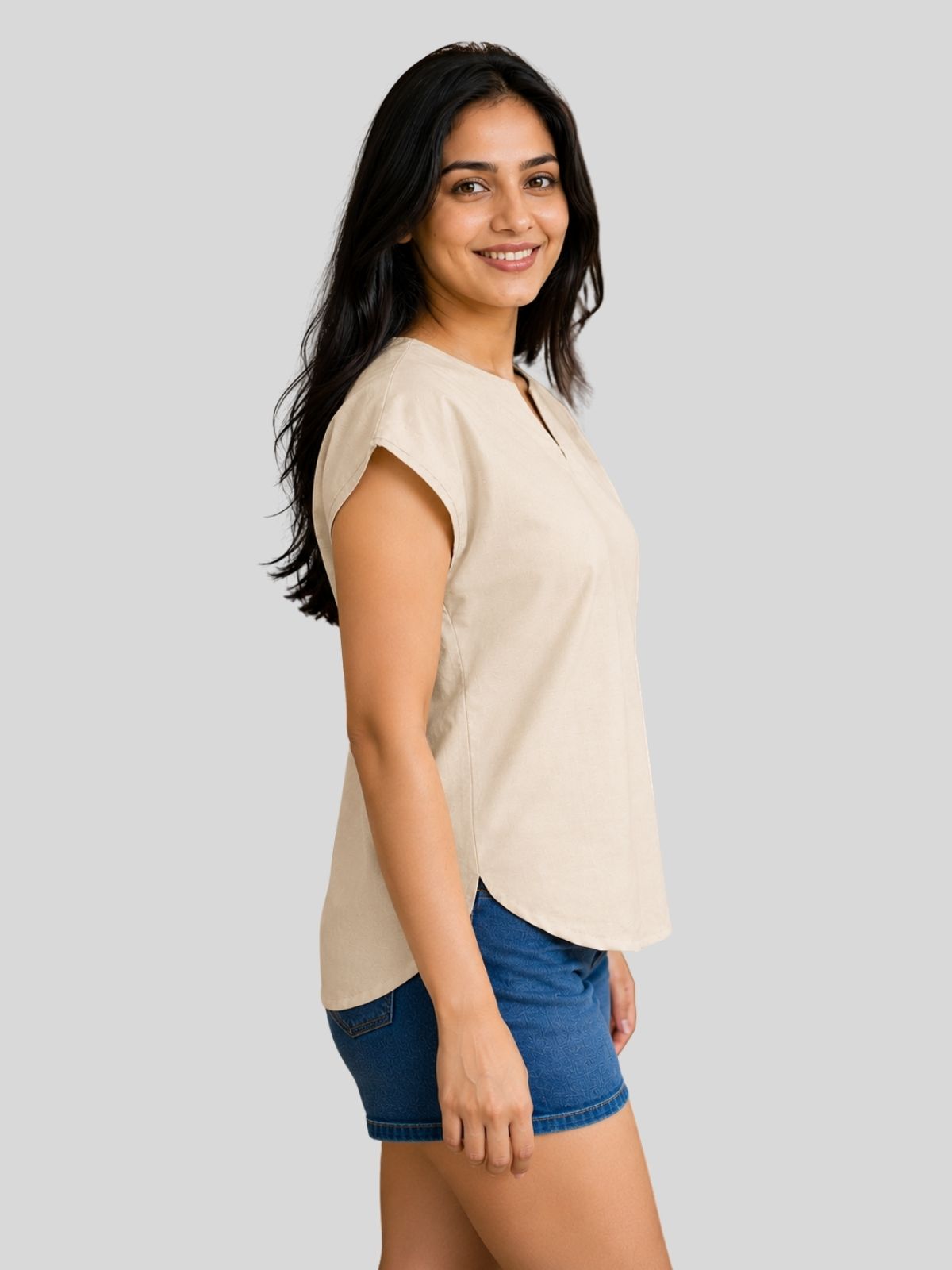 Beige & Dark Blue Cotton Blends Tops Combo