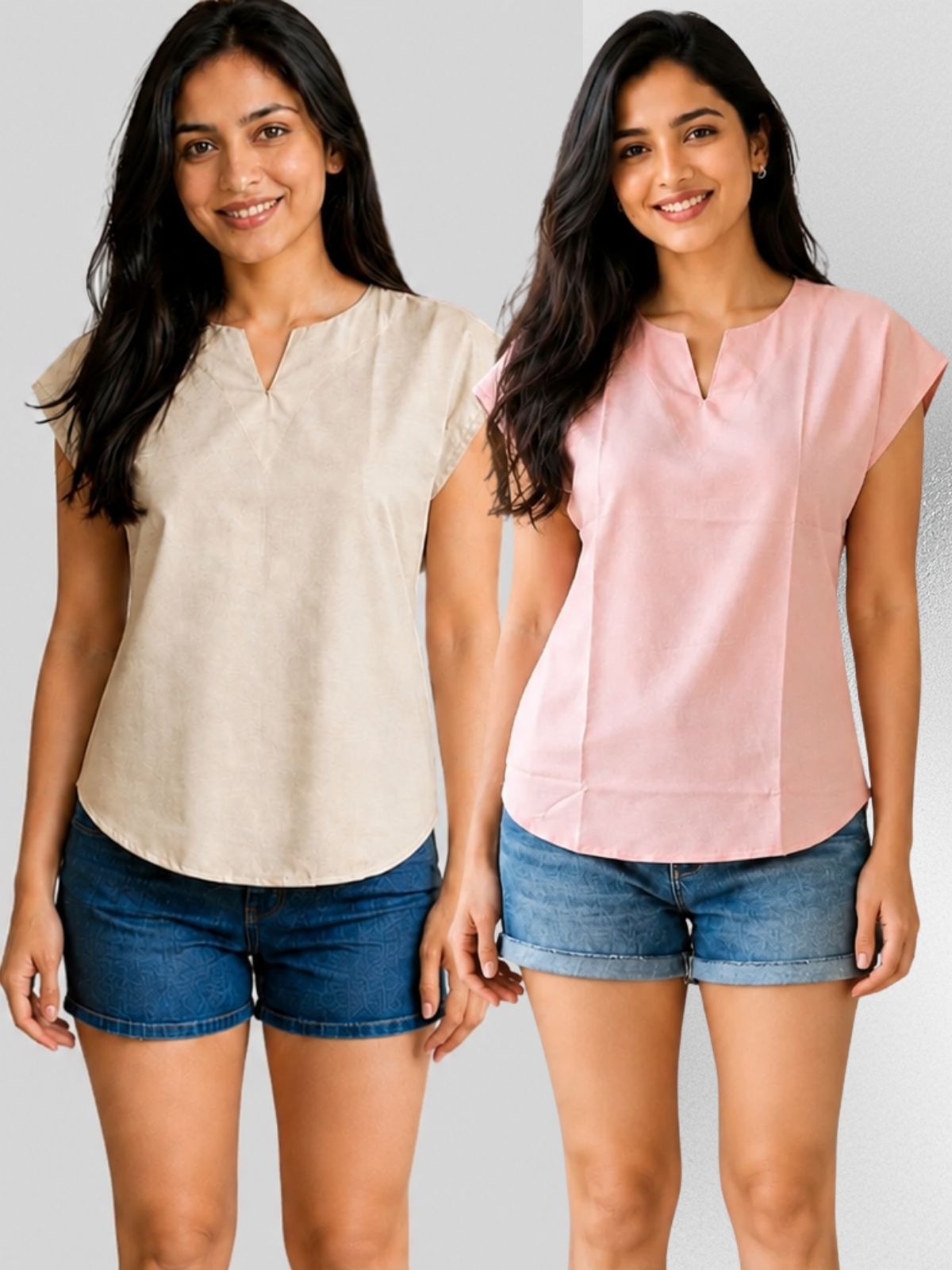 Beige & Peach Cotton Blends Tops Combo