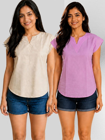 Beige & Pink Cotton Blends Tops Combo