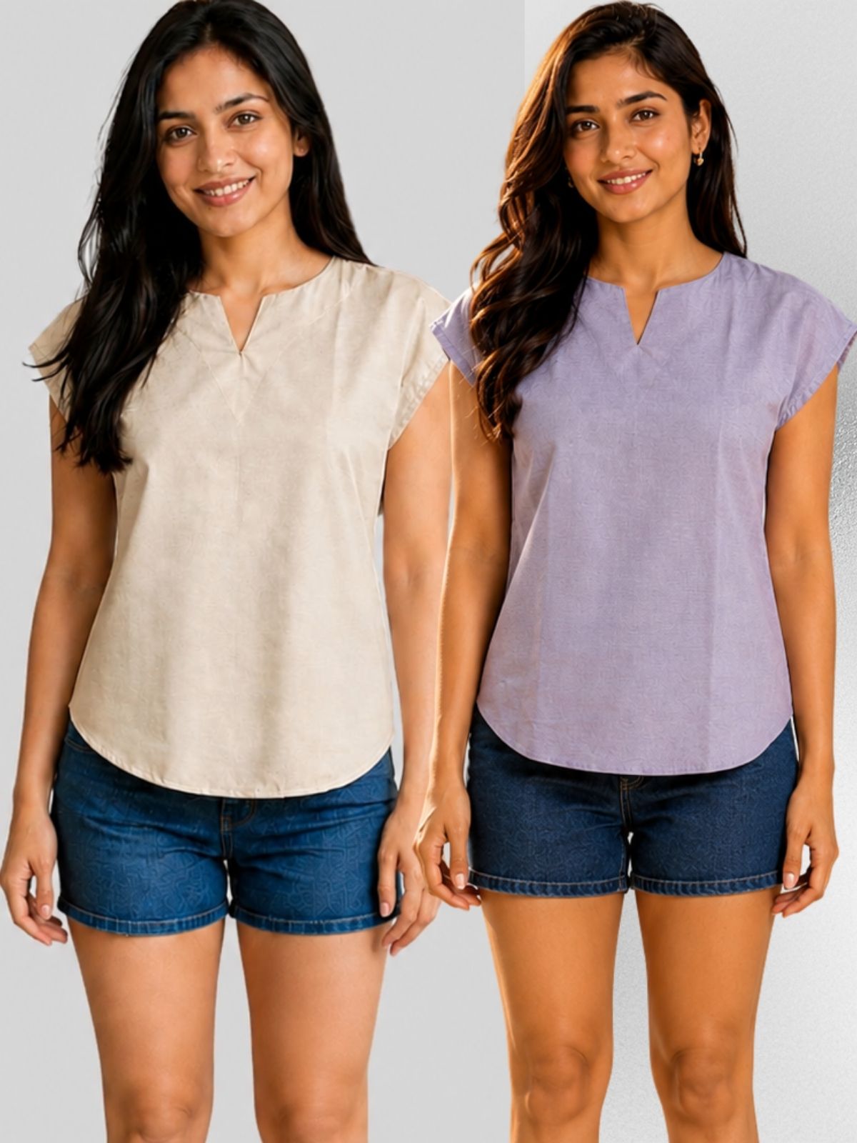 Beige & Purple Cotton Blends Tops Combo