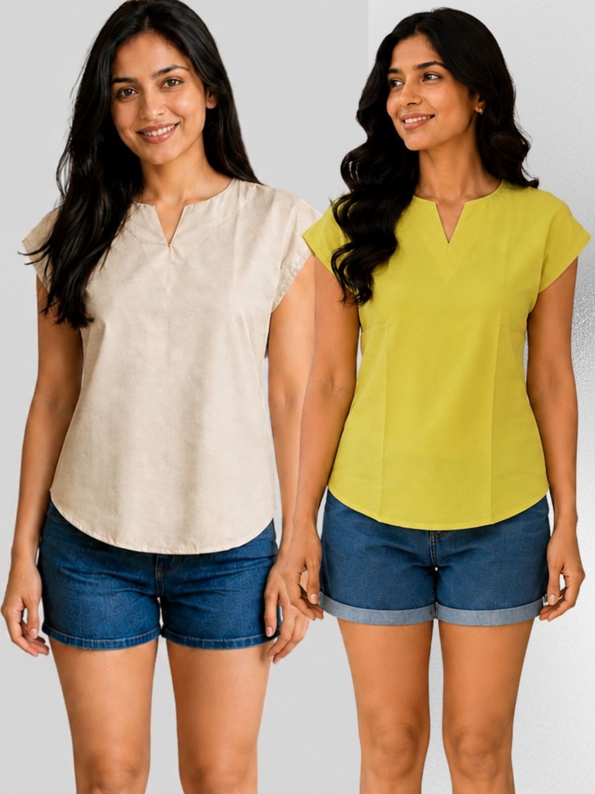 Beige & Yellow Cotton Blends Tops Combo