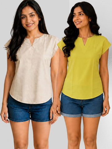 Beige & Yellow Cotton Blends Tops Combo