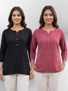 Women Black & Peach Rayon Short Kurti