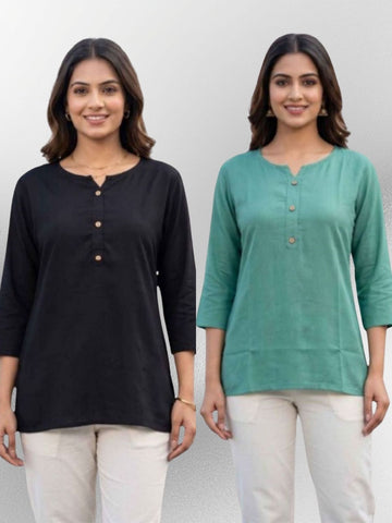 Women Black & SeaGreen Rayon Short Kurti