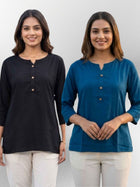 Women Black & Teal Blue Rayon Short Kurti