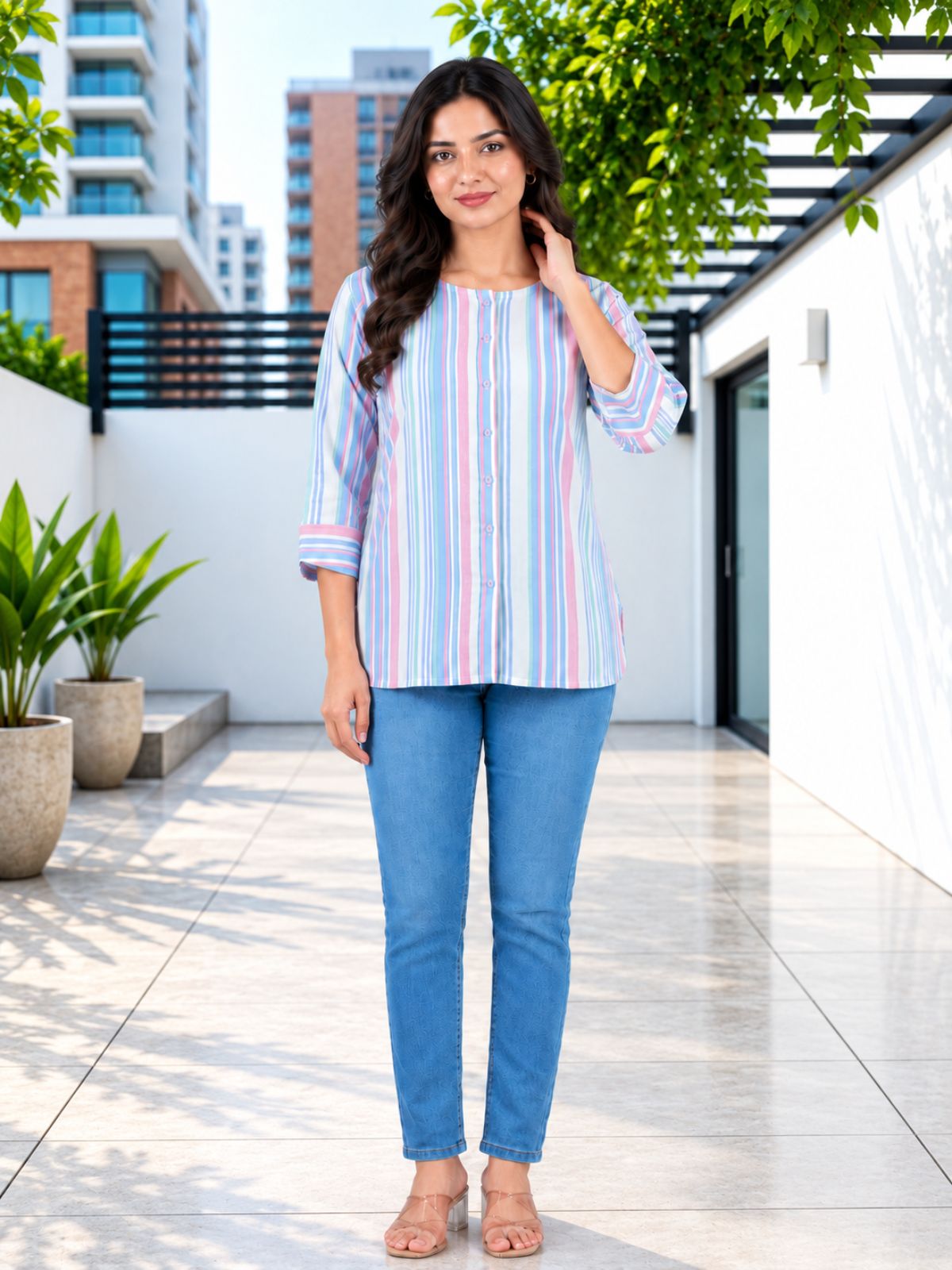 Blue Rainbow Stripe Cotton Shirts