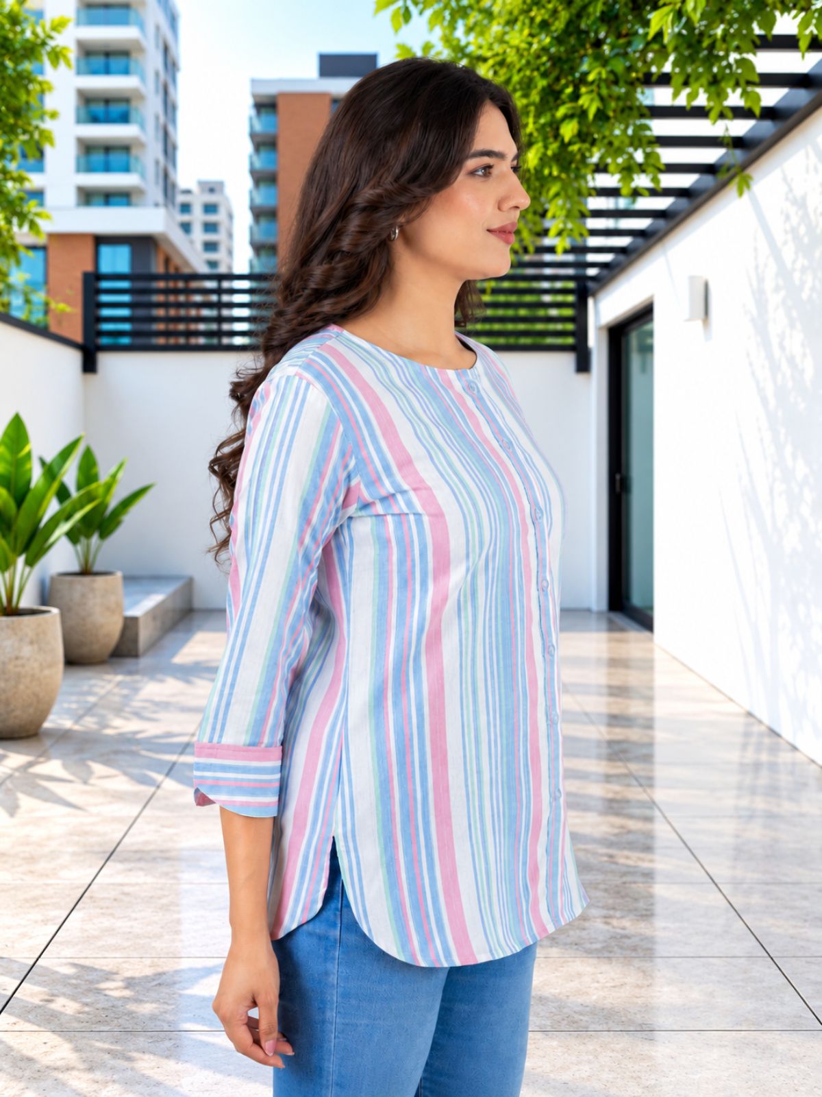 Blue Rainbow Stripe Cotton Shirts