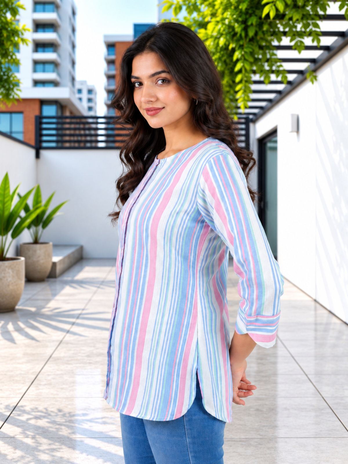 Blue Rainbow Stripe Cotton Shirts