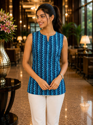 Blue Printed Sleeveless Top
