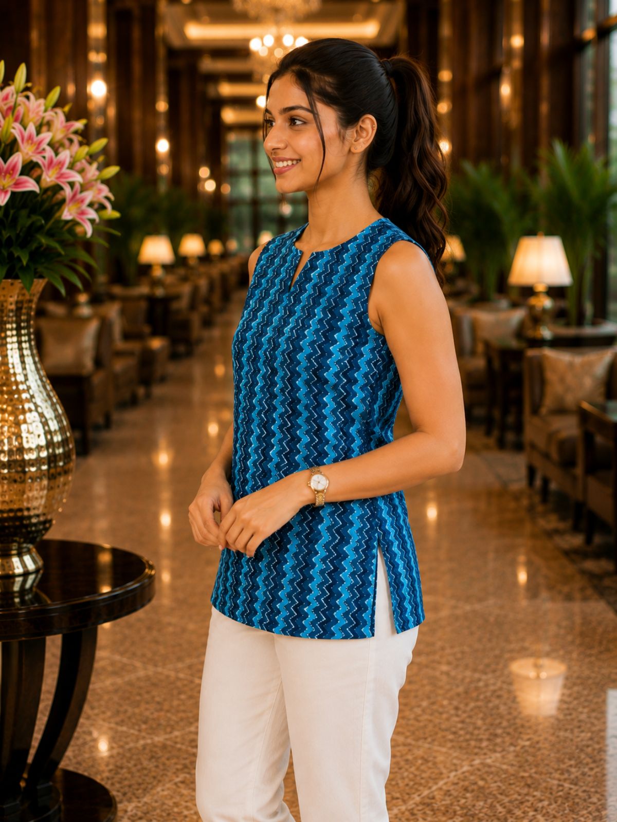 Blue Printed Sleeveless Top