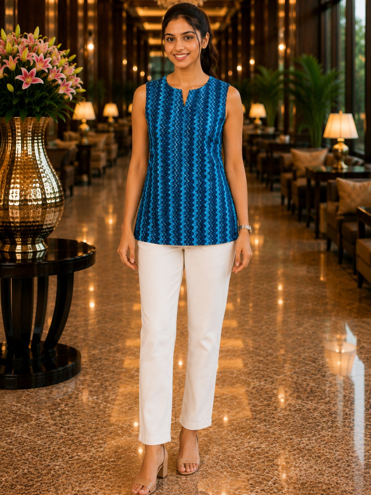 Blue Printed Sleeveless Top