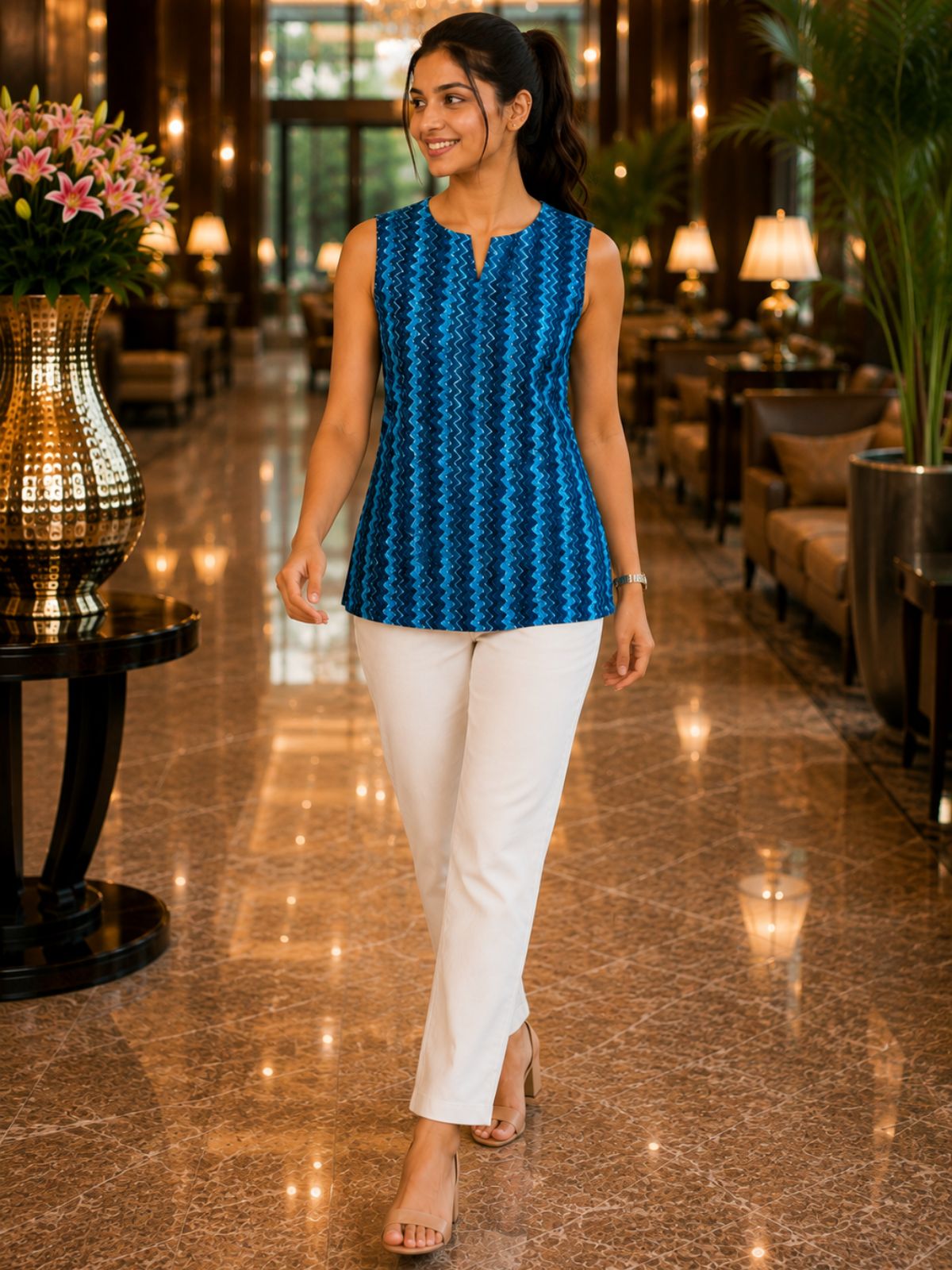 Blue Printed Sleeveless Top