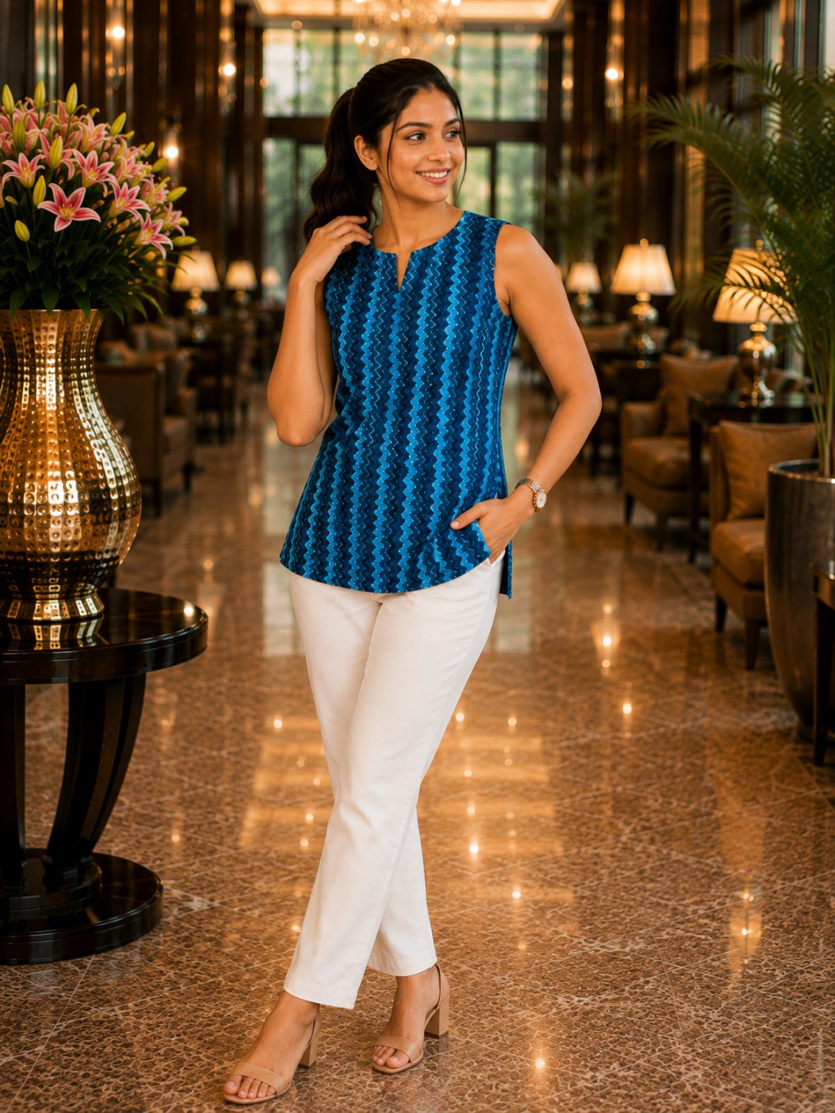 Blue Printed Sleeveless Top