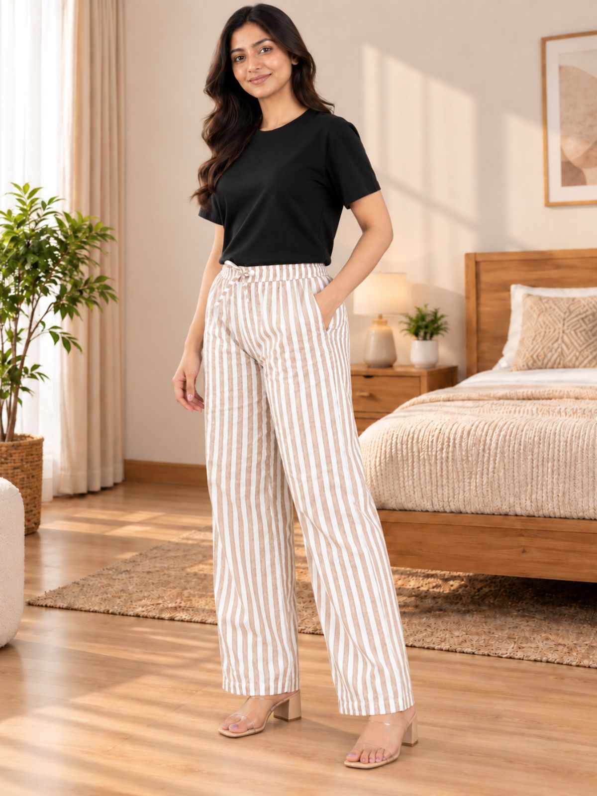 Brown Cotton Stripe Payjama Pants