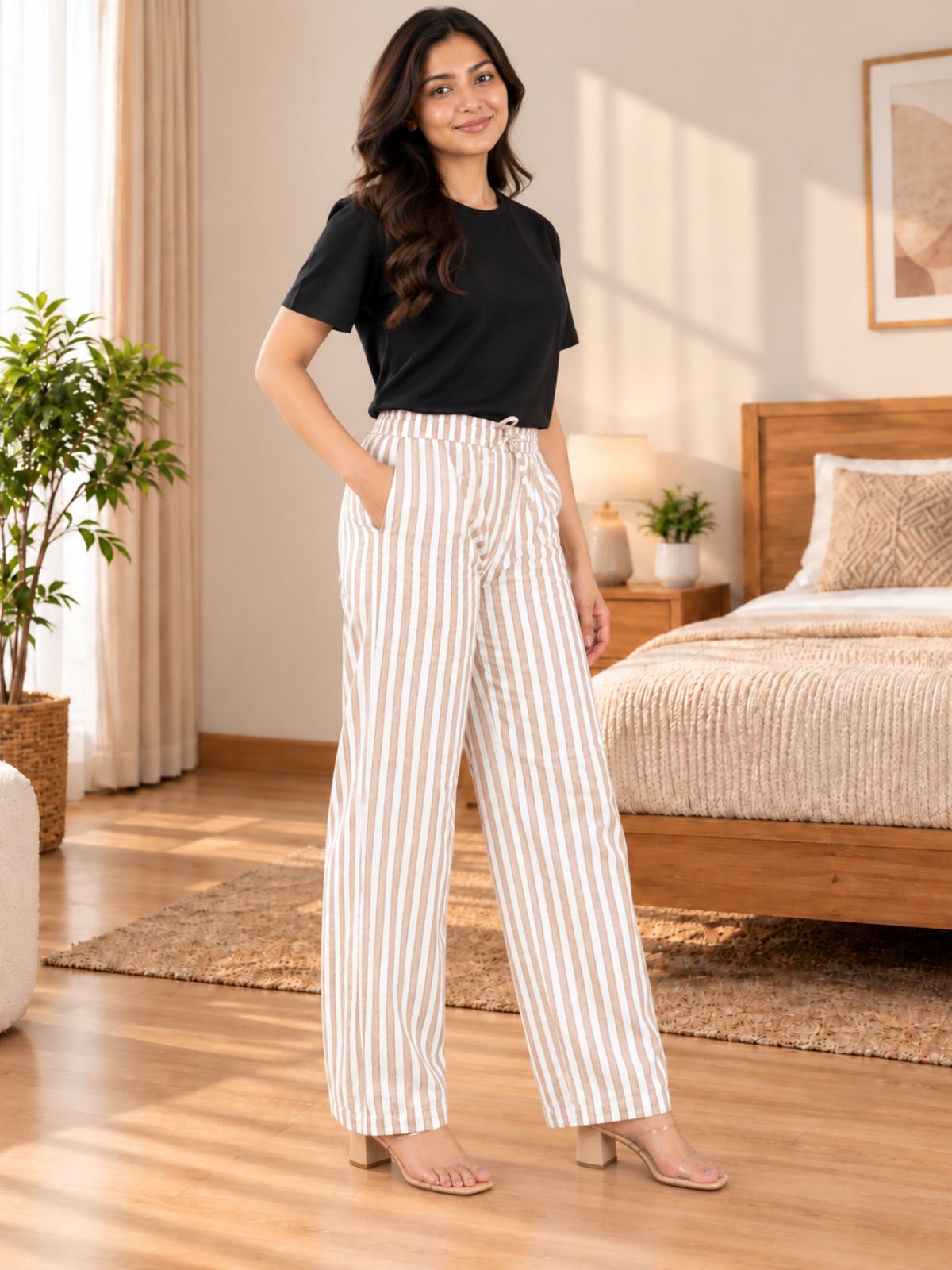 Brown Cotton Stripe Payjama Pants