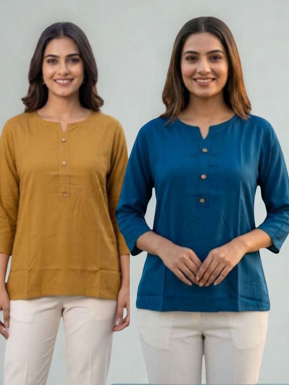 Women Camel & TealBlue Rayon Short Kurti