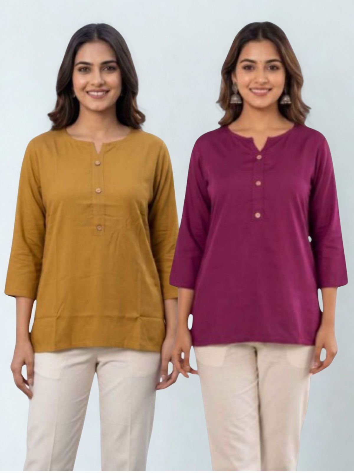 Women Camel & Wine Rayon Short Kurti