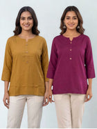 Women Camel & Wine Rayon Short Kurti