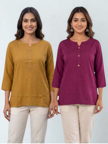 Women Camel & Wine Rayon Short Kurti