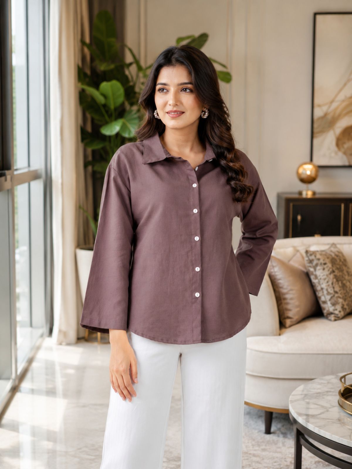 Chocolate Cotton bell Sleeves Shirts
