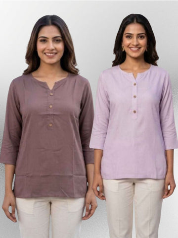 Women Coffee & Light Purple Rayon Short Kurti