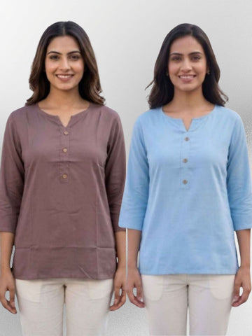 Women Coffee & SkyBlue Rayon Short Kurti