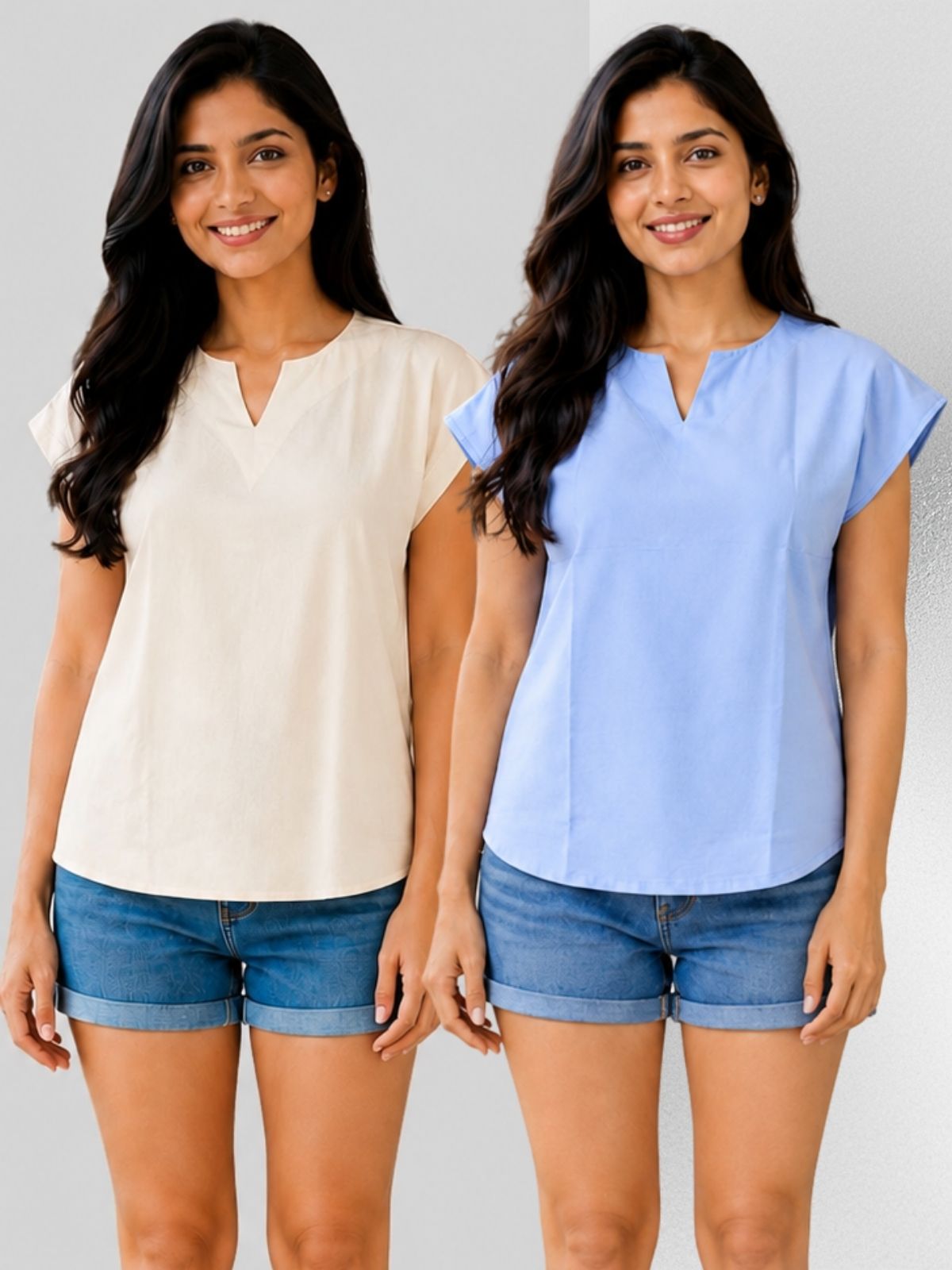 Cream & Dark blue Cotton Blends Tops Combo