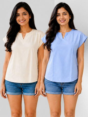 Cream & Dark blue Cotton Blends Tops Combo