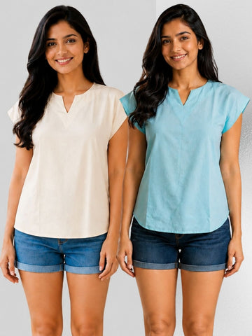 Cream & Light Green Cotton Blends Tops Combo