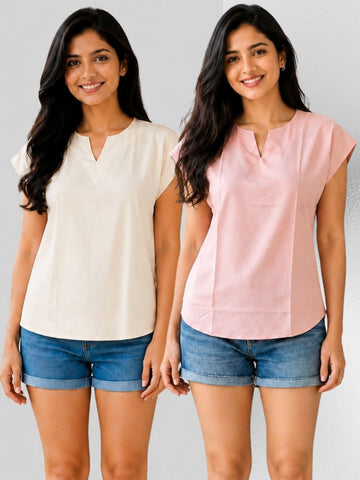 Cream & Peach Cotton Blends Tops Combo