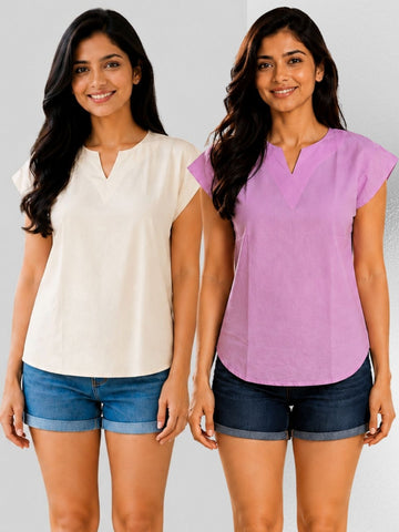 Cream & Pink Cotton Blends Tops Combo