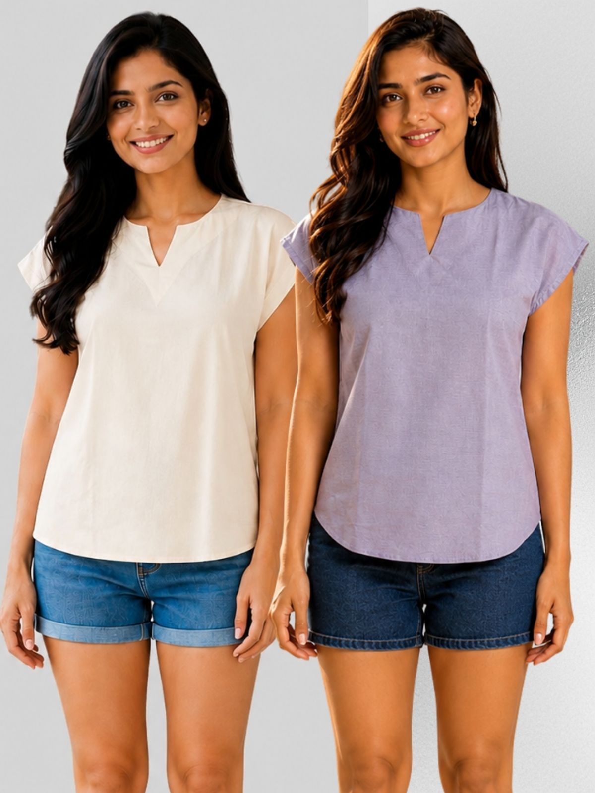 Cream & Purple Cotton Blends Tops Combo