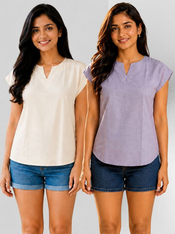 Cream & Purple Cotton Blends Tops Combo