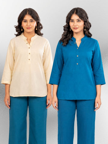 Cream & Turquoise Cotton Comfort Tops Combo