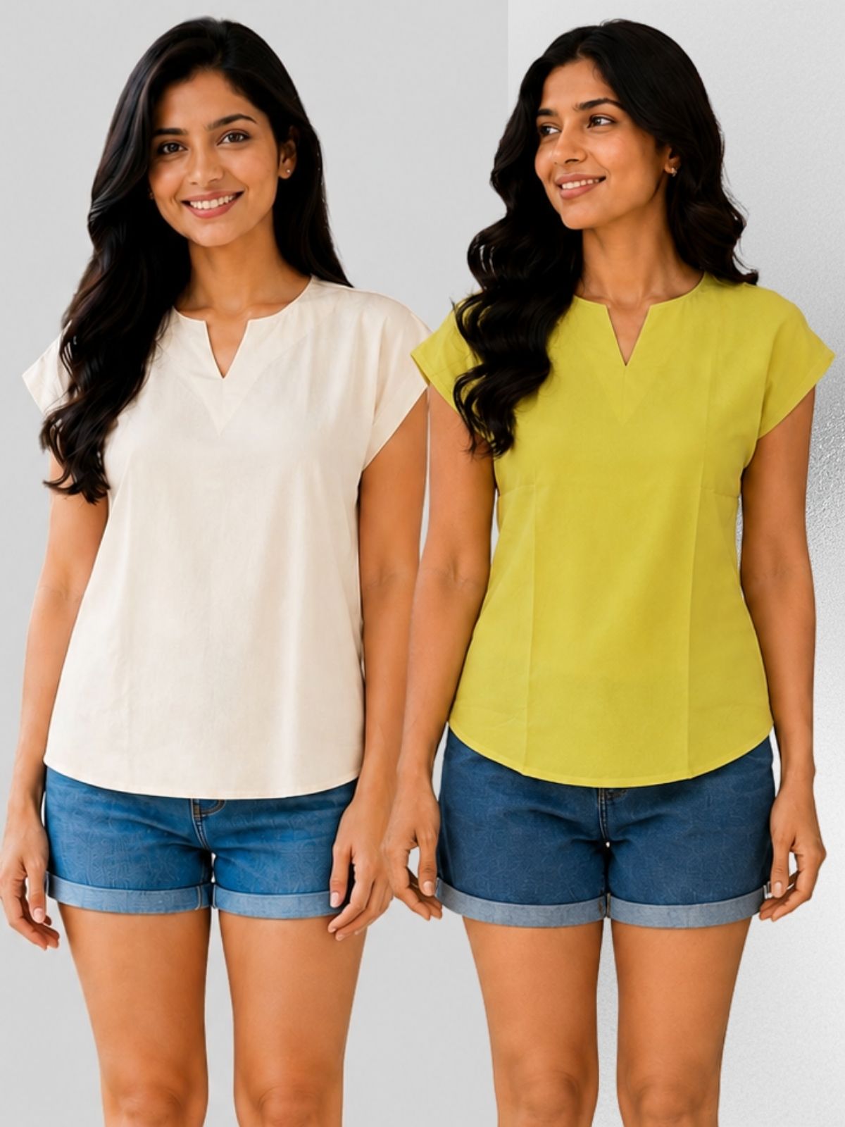 Cream & Yellow Cotton Blends Tops Combo