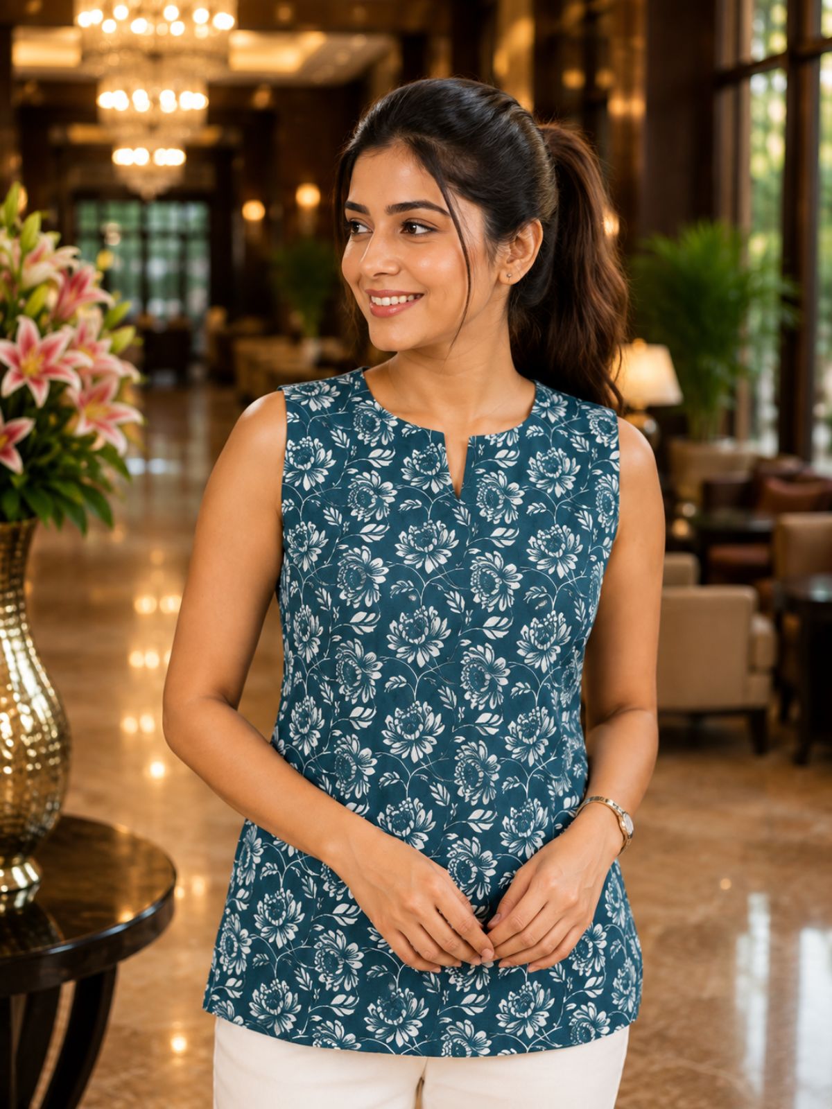 Cyan Printed Sleeveless Top