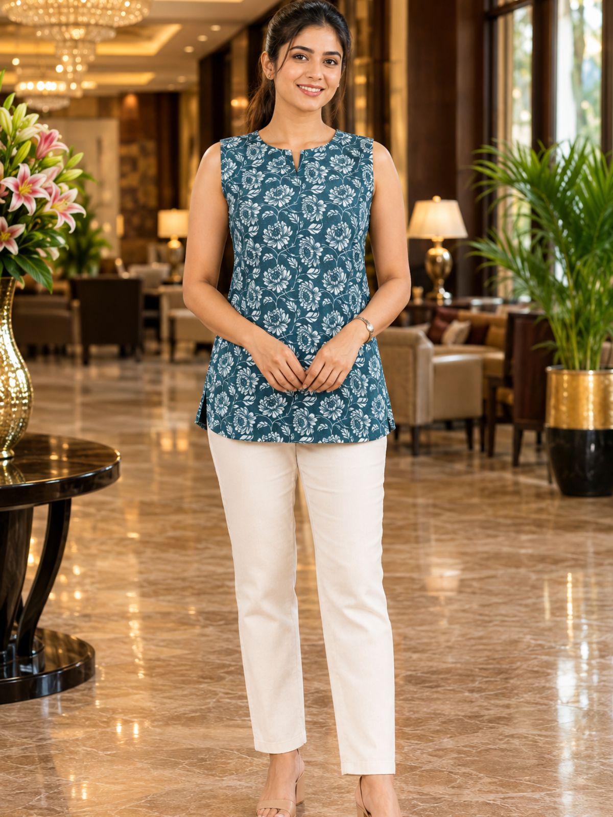 Cyan Printed Sleeveless Top