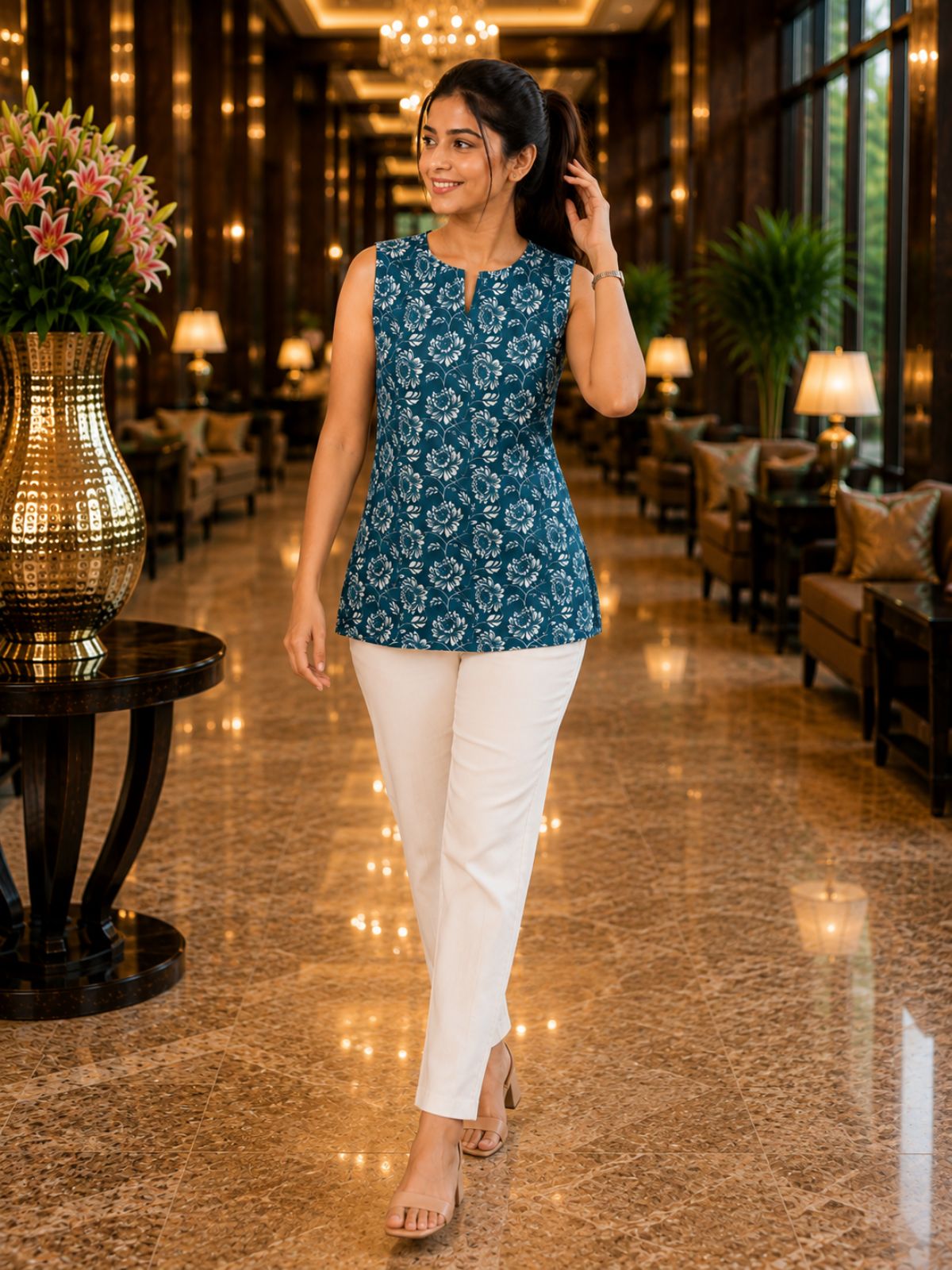 Cyan Printed Sleeveless Top