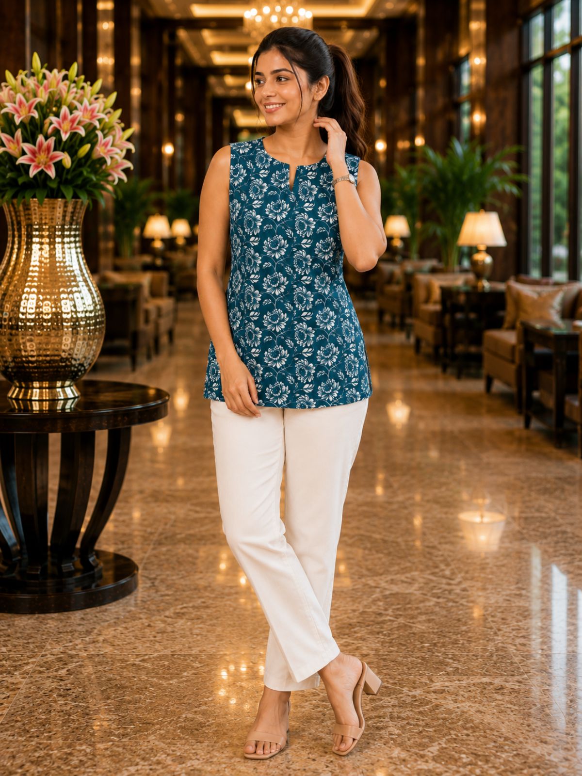Cyan Printed Sleeveless Top