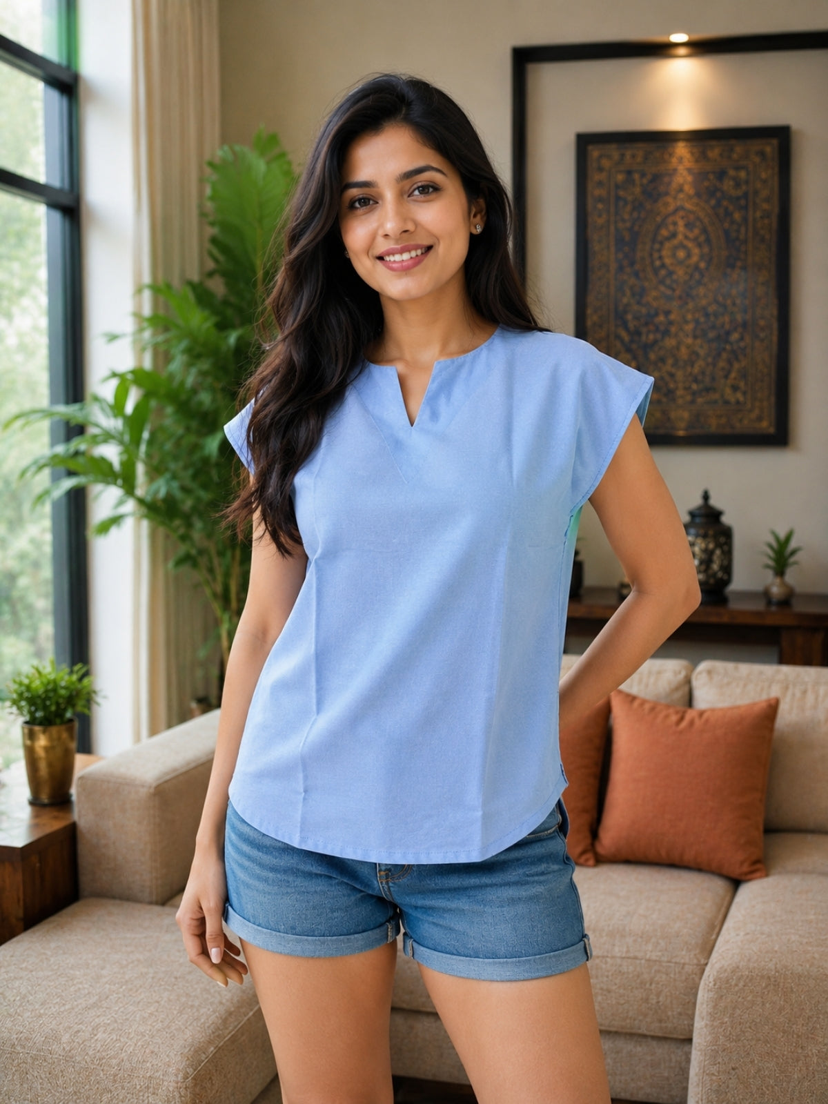 Dark Blue Cotton Blends Top
