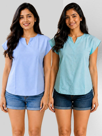 Dark Blue & Light Green Cotton Blends Tops Combo