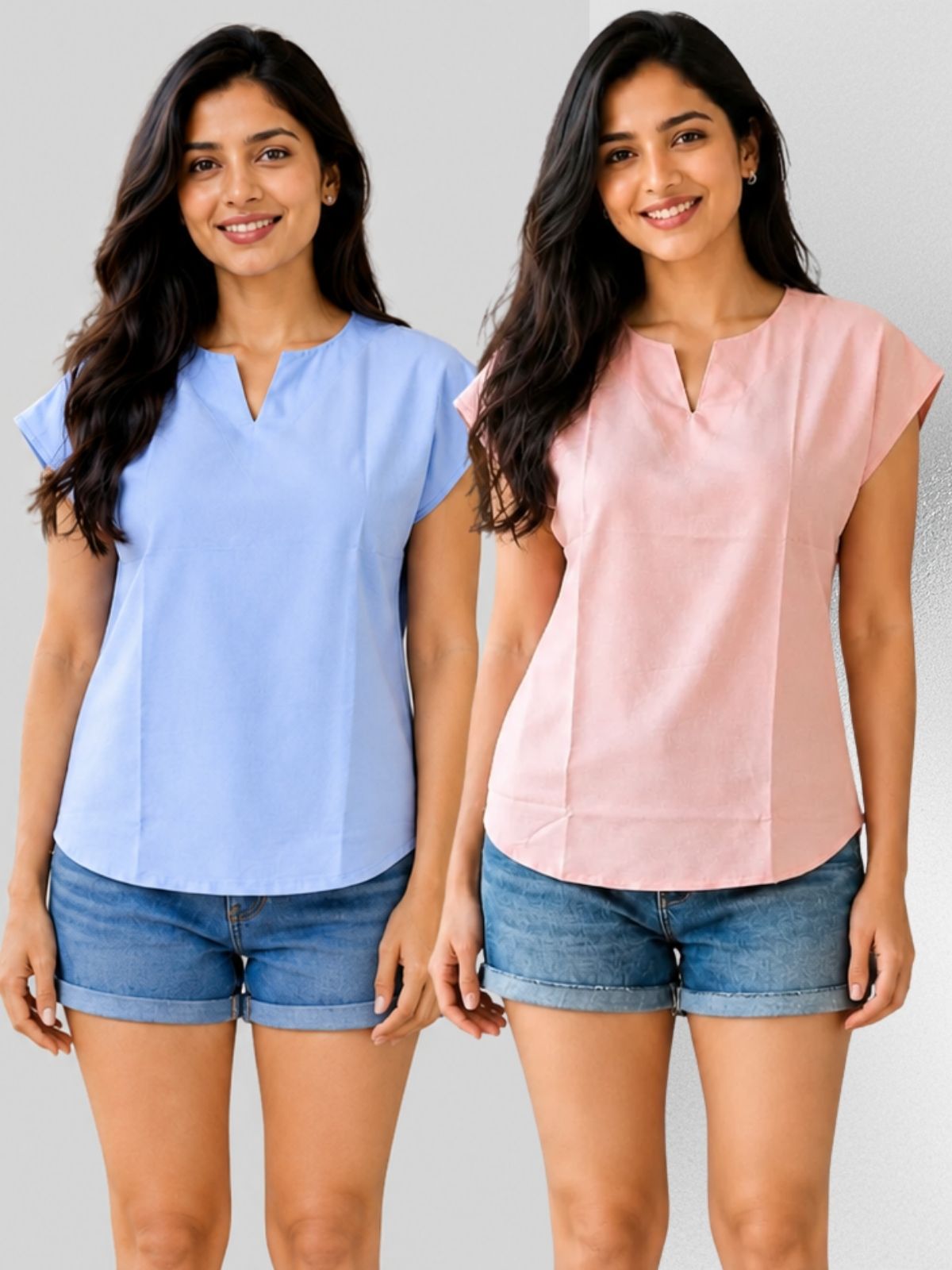 Dark Blue & Peach Cotton Blends Tops Combo