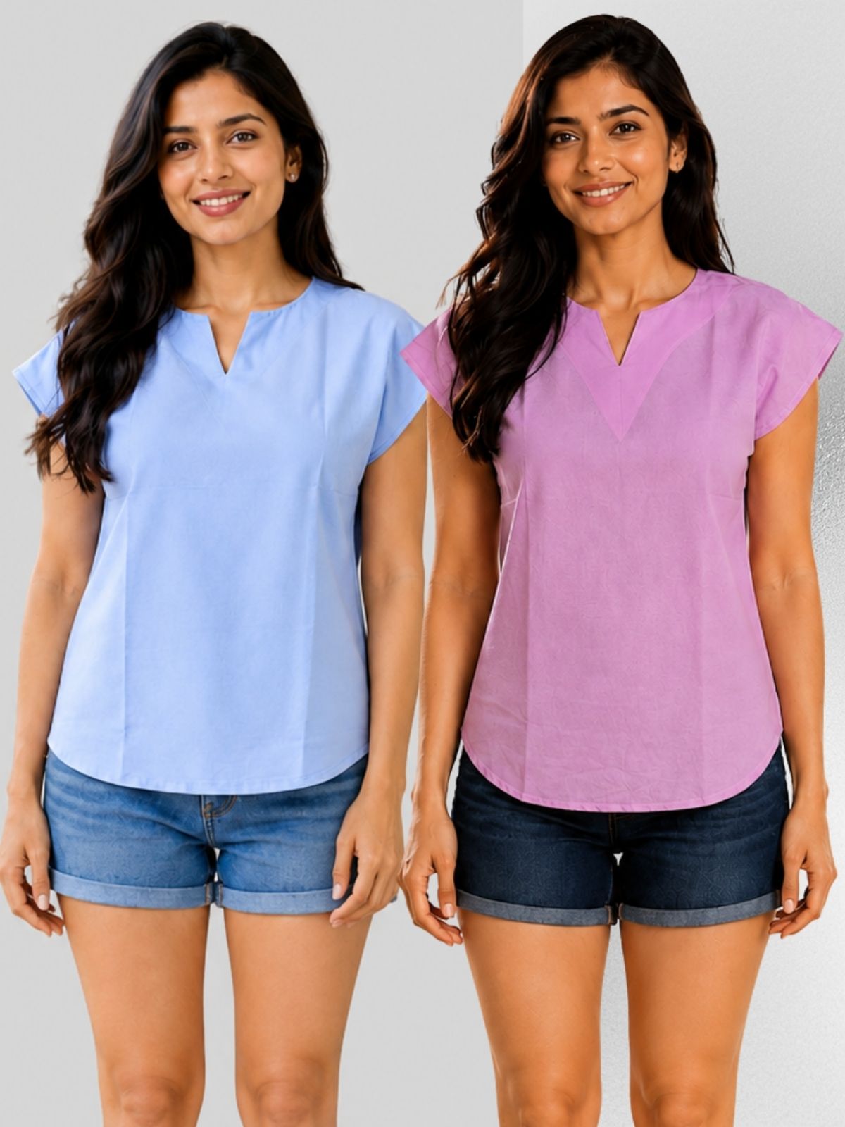 Dark Blue & Pink Cotton Blends Tops Combo