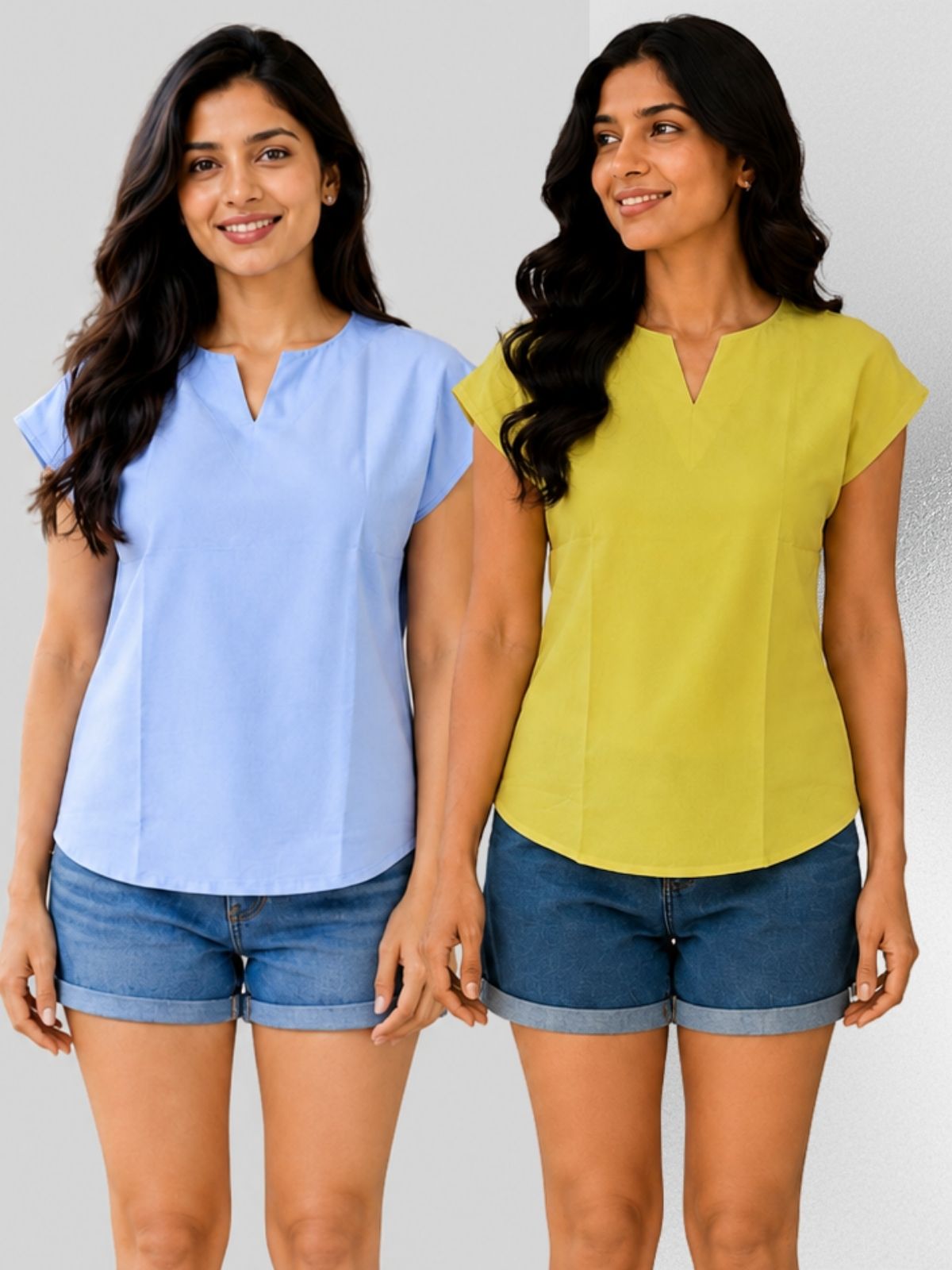 Dark Blue & Yellow Cotton Blends Tops Combo