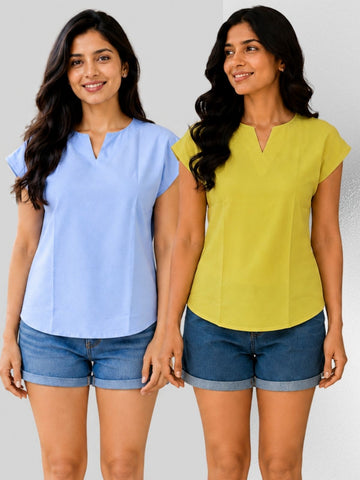Dark Blue & Yellow Cotton Blends Tops Combo