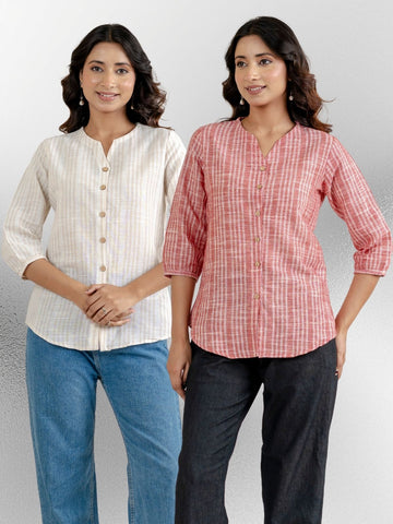 Dark Brown & Dark Red Striped Shirts Combo