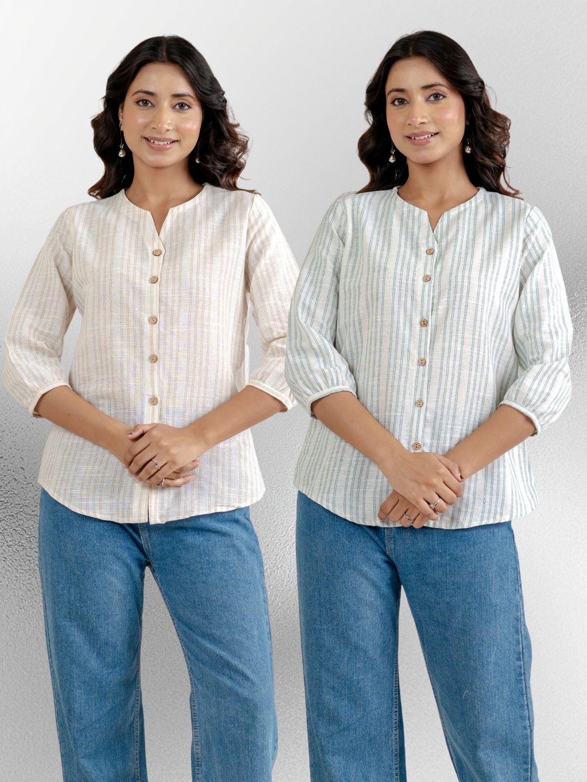 Dark Brown & Light Green Striped Shirts Combo
