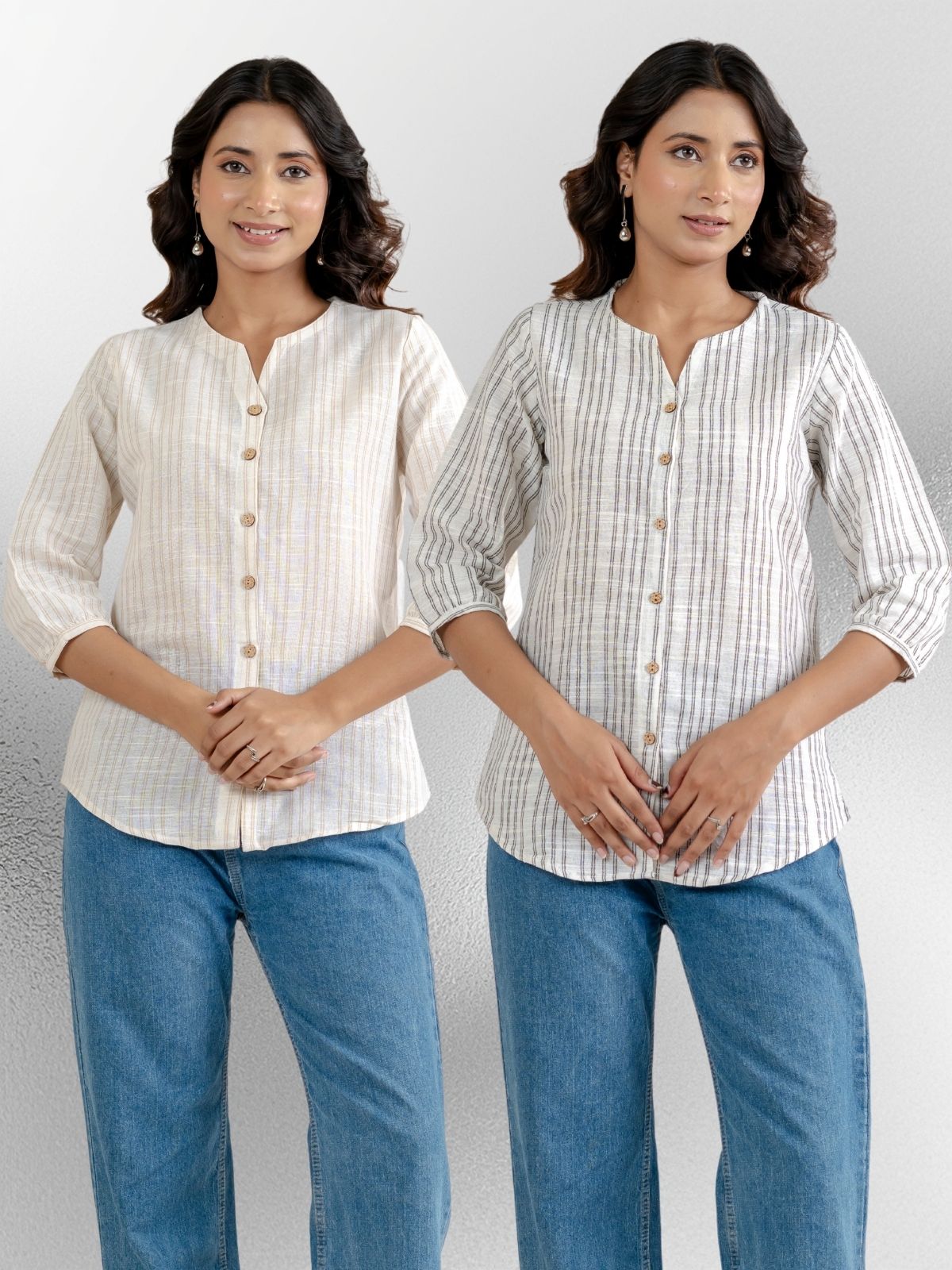 Dark Brown & Light Grey Striped Shirts Combo