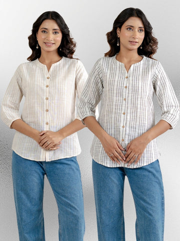Dark Brown & Light Grey Striped Shirts Combo